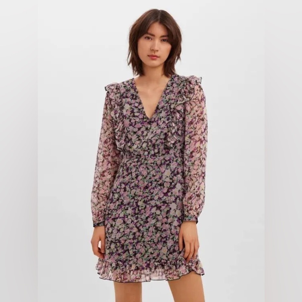 VERO MODA Floral Sheer Long sleeved Ruffle Dress 'Ina Inga' in Black- XS NWT
